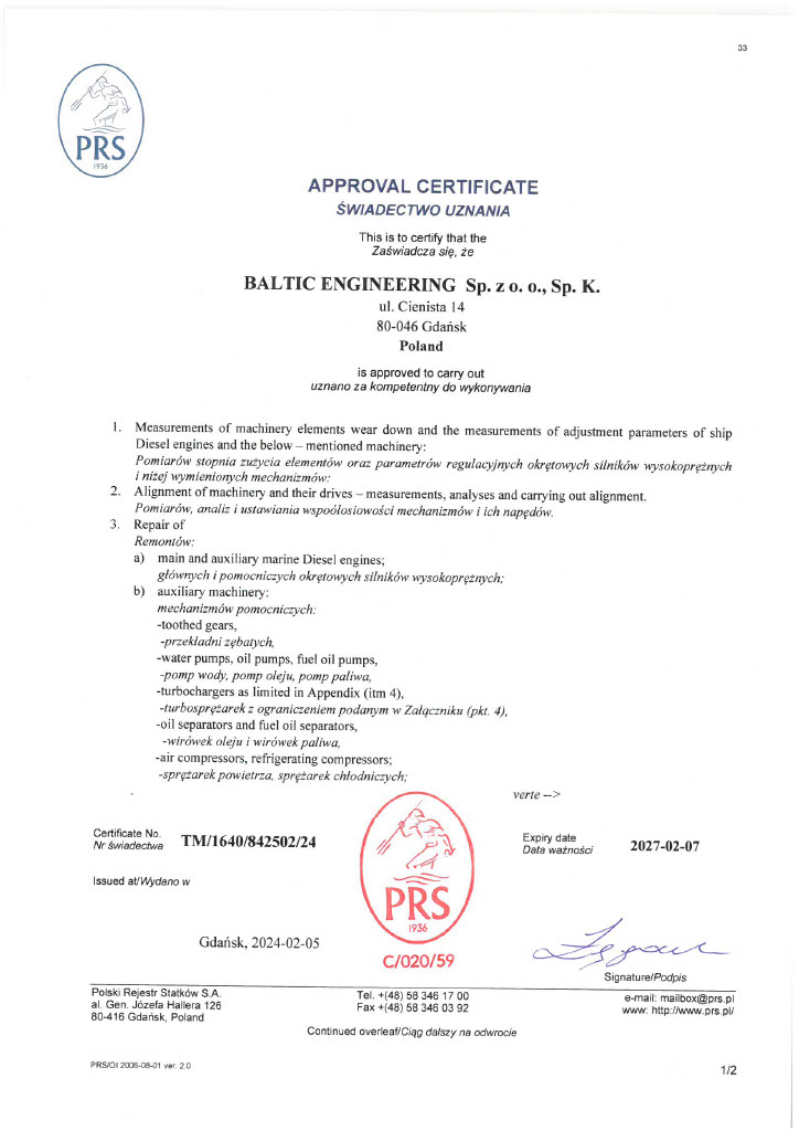 Świadectwo uznania PRS — TM